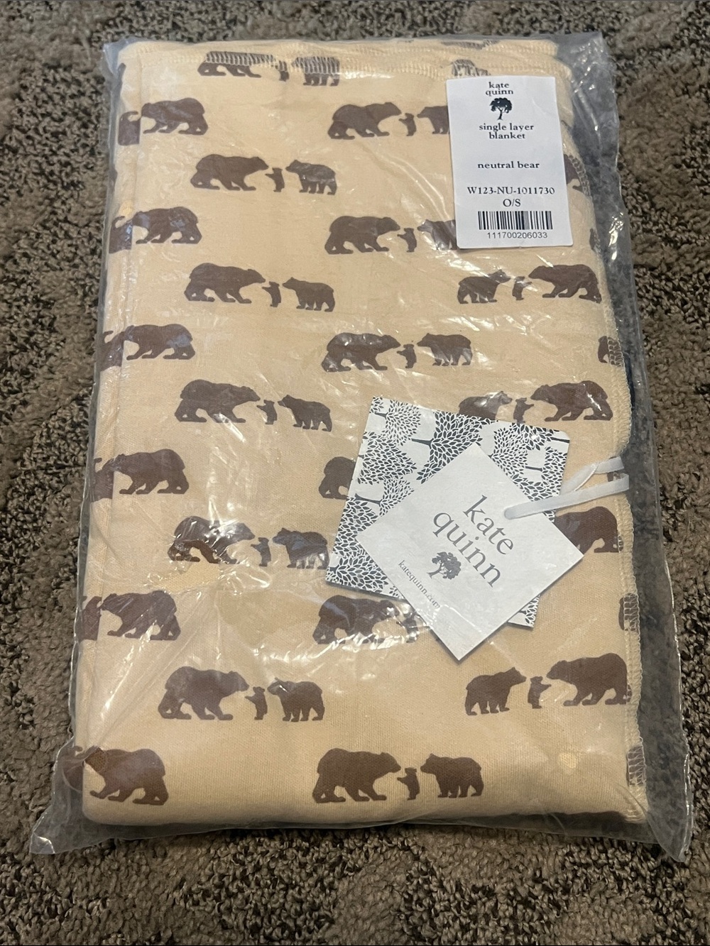 kate quinn Cream Baby Blanket with Brown Bear Print Neutral Bear 🐻 NWT